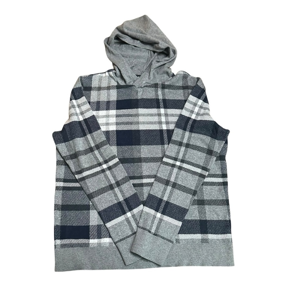 Express Mens Plaid Gray and Black Hoodie Sweatshirt Shirt size L